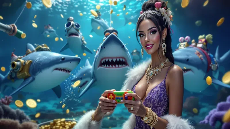 Pemain mengarahkan meriam ke target ikan pada layar permainan arcade